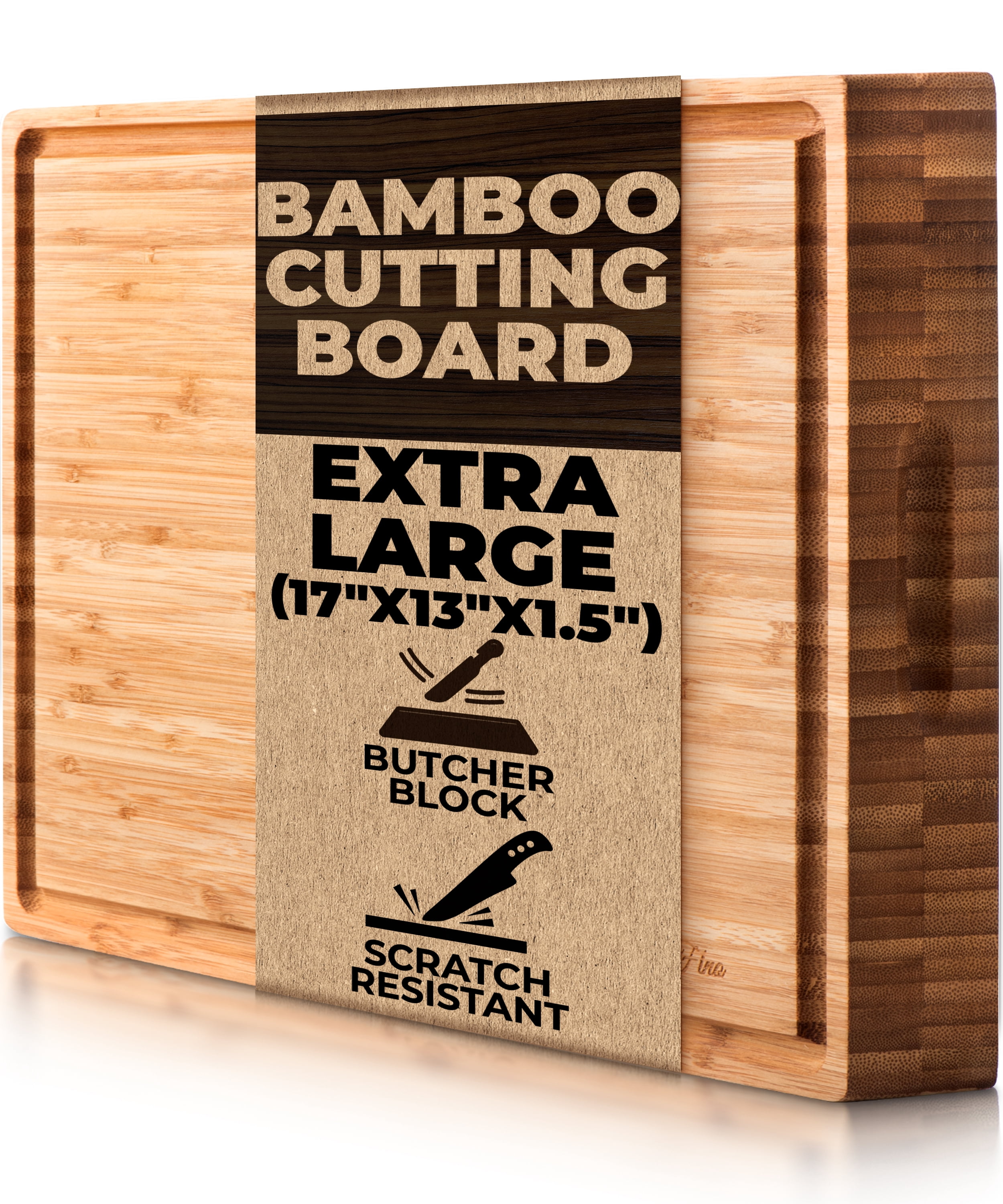 SoulFino Bamboo Butcher Block - 17" x 13" x 1.5" Premium Cutting Board