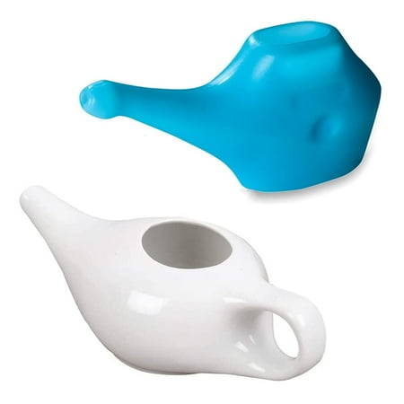 SoulGenie Classico Nasal Irrigator - Neti Pots - Ceramic White Plus QwikFlo Neti Pot Plastic Blue