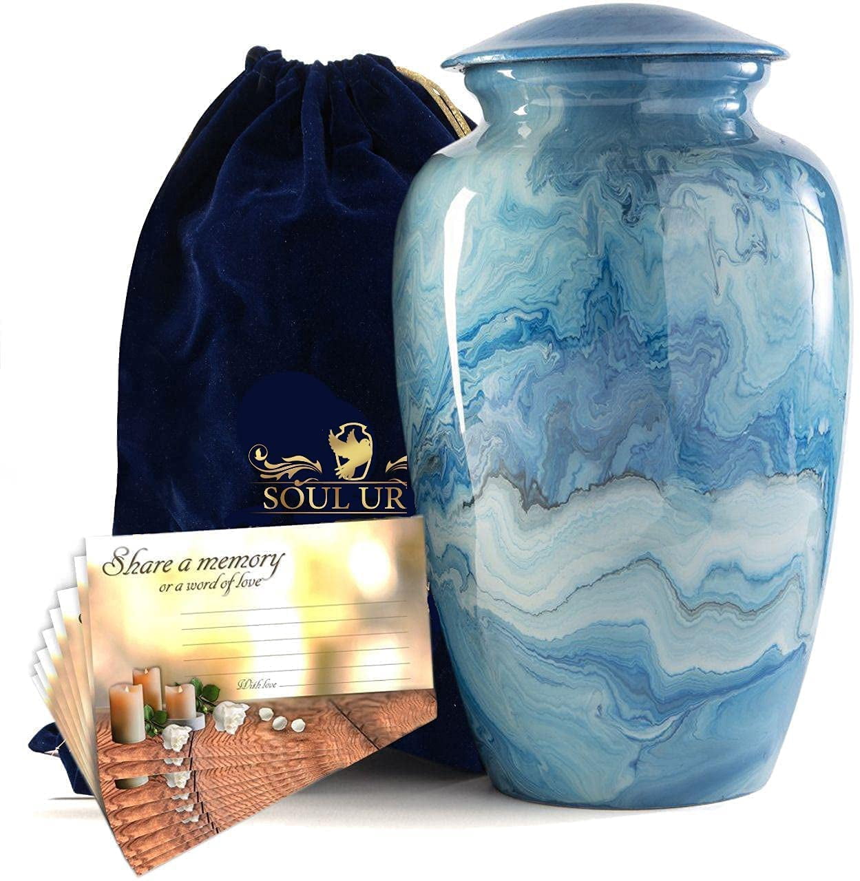 HLC Lovely Small Keepsake Urn – Blue Brass Engraved Mini Memorial Urn For Ashes, 3 Cu.in, With Velvet Bag | Affordable & Handcrafted