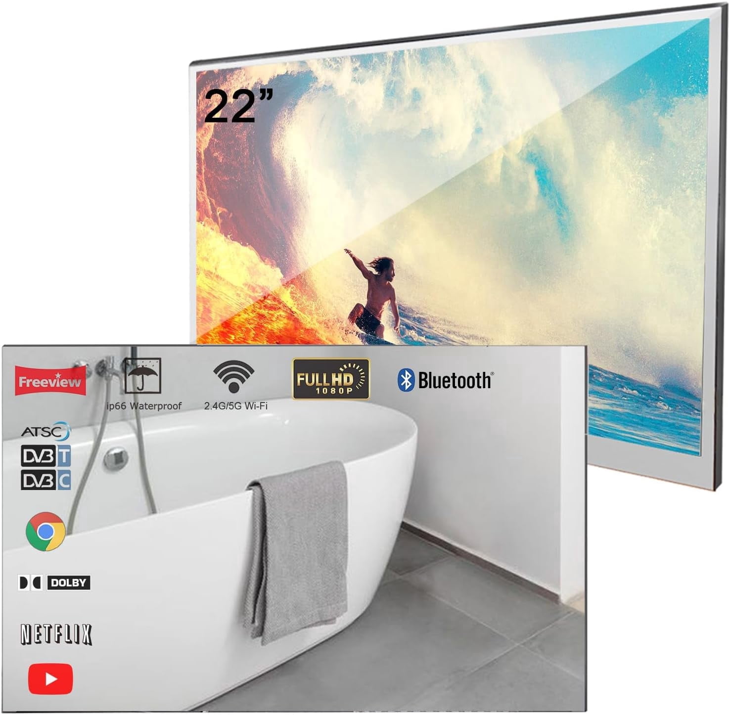 Soulaca 22 inches Magic Smart Mirror LED TV for Bathroom Waterproof Shower Television WiFi Bluetooth DTV Atsc New