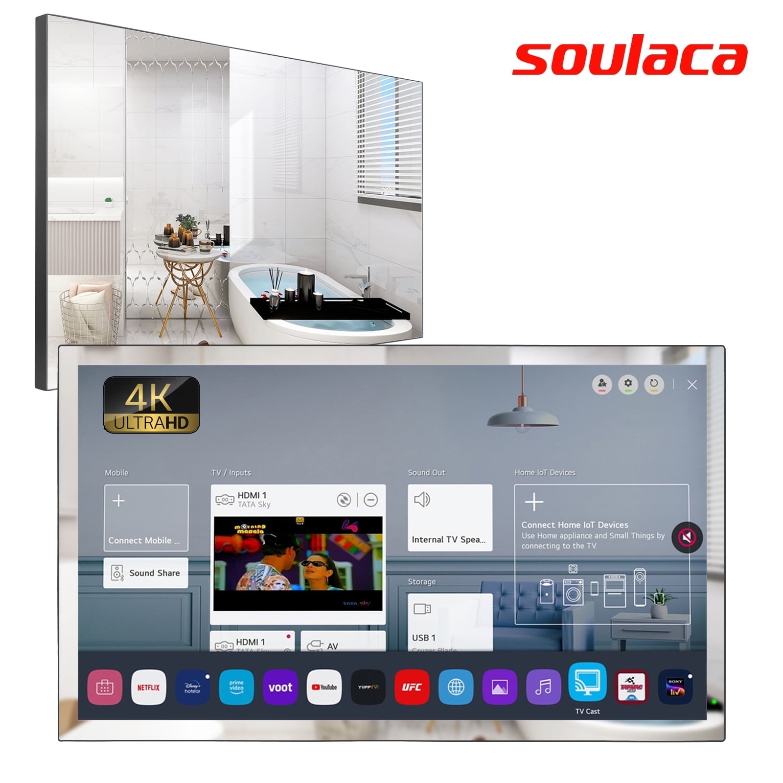 Soulaca 28 inches 4K webOS Bathroom Mirror Smart LED TV Waterproof IP65 ATSC Wi-Fi Bluetooth Voice Control New