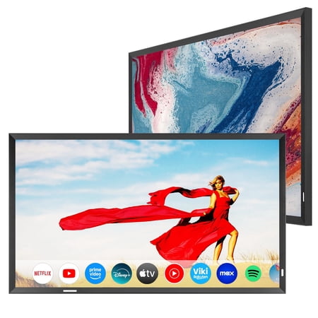Soulaca 43 inches Smart Mirror TV with Goo-gle System Waterproof Obsidian Black Frame, Atsc, Wall-Mounted Bathroom Fireplace Kitchen Mirror Display