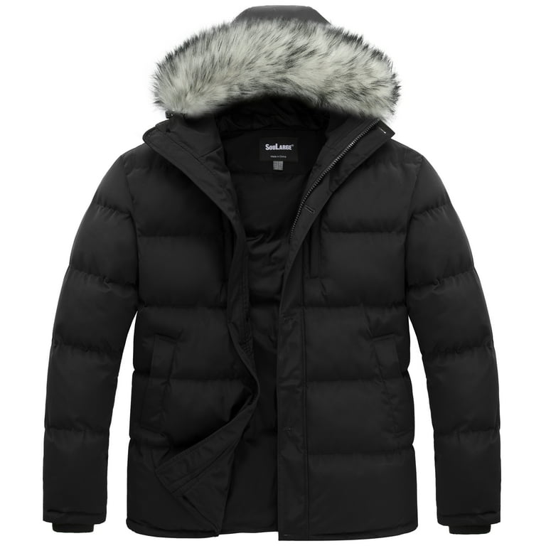 Black Puffer Jacket Coat With Massive Fur Hood Soularge Men's Big