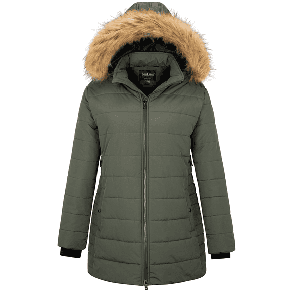 Soularge Women's Plus Size Jacket Insulated Puffer Coat Winter Parka with Removable Hood Army Green 3X