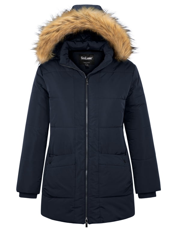 Women's Plus Size Puffer Jacket Windproof Winter Coat Warm Hooded Winter Jacket Navy 4X