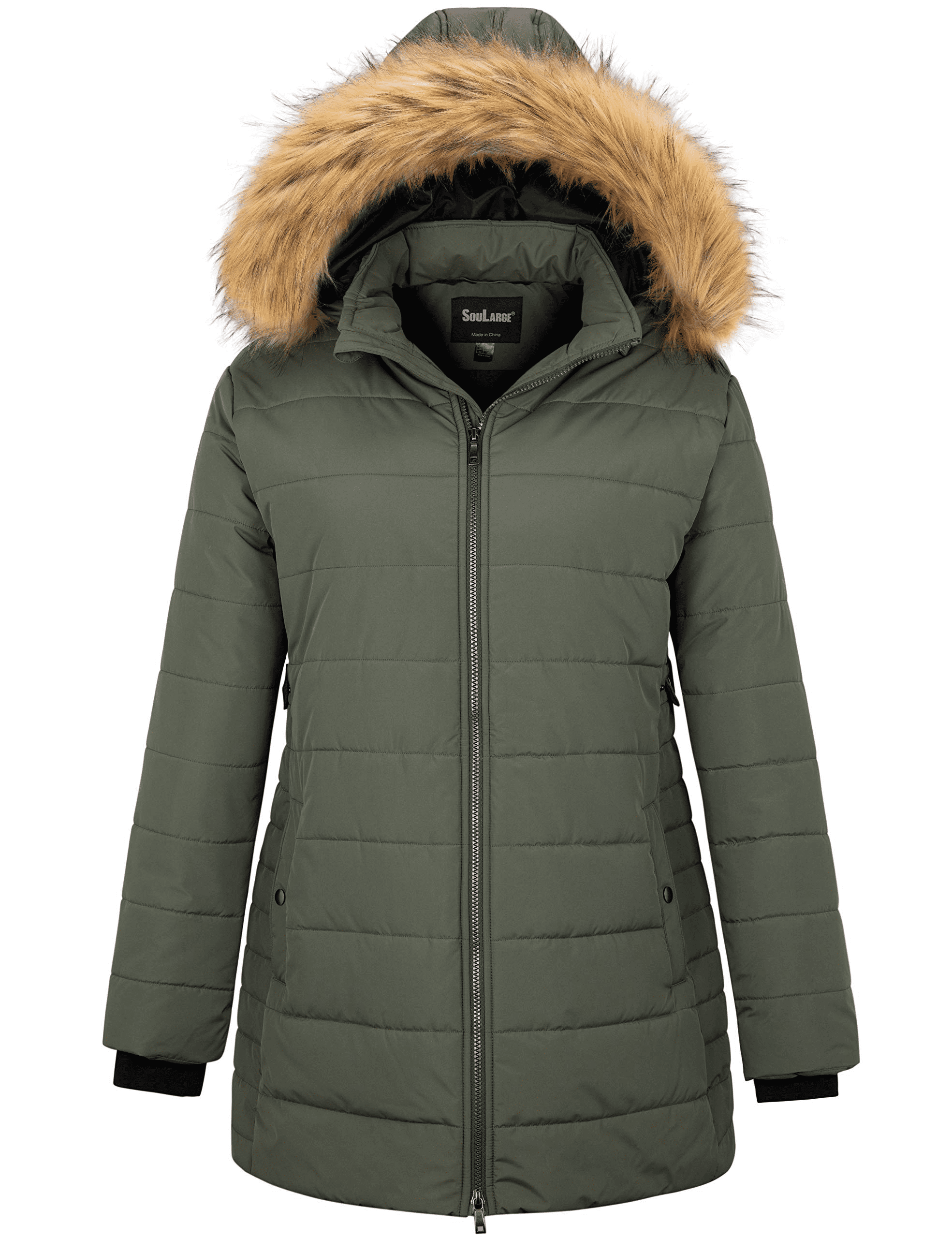 Soularge Women's Plus Size Winter Hooded Coat with Faux fur Trim (Army ...