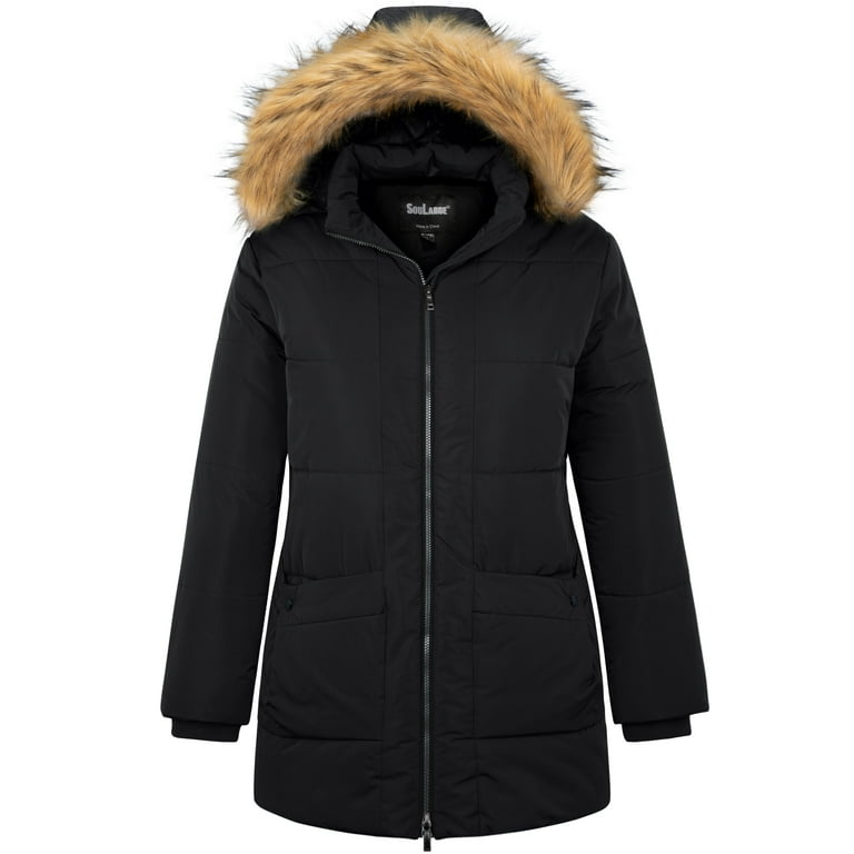 Soularge Women s Plus Size COATS Winter Waterproof Hooded Faux Fur Puffer Jacket Black 2X Walmart