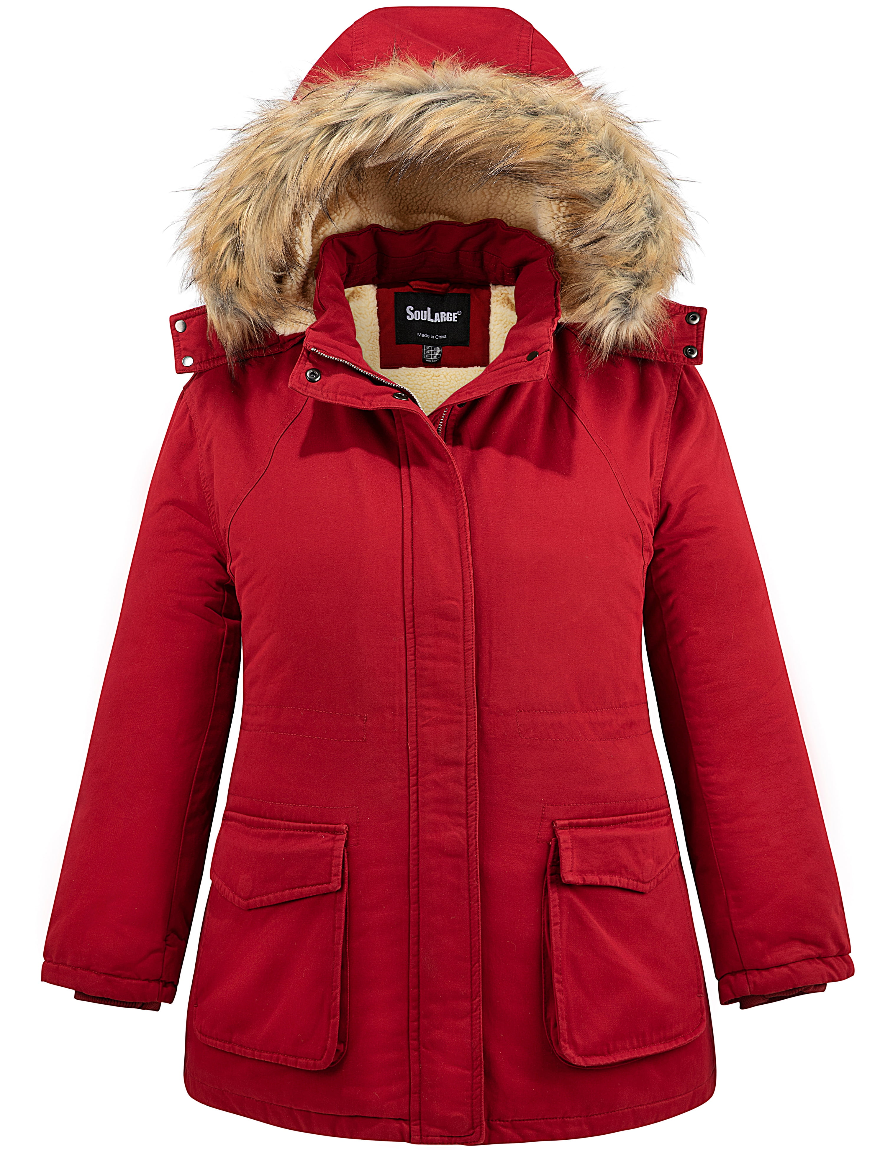 Soularge Women s Winter Plus Size Sherpa Lined Hooded Parka Jacket Red 3X
