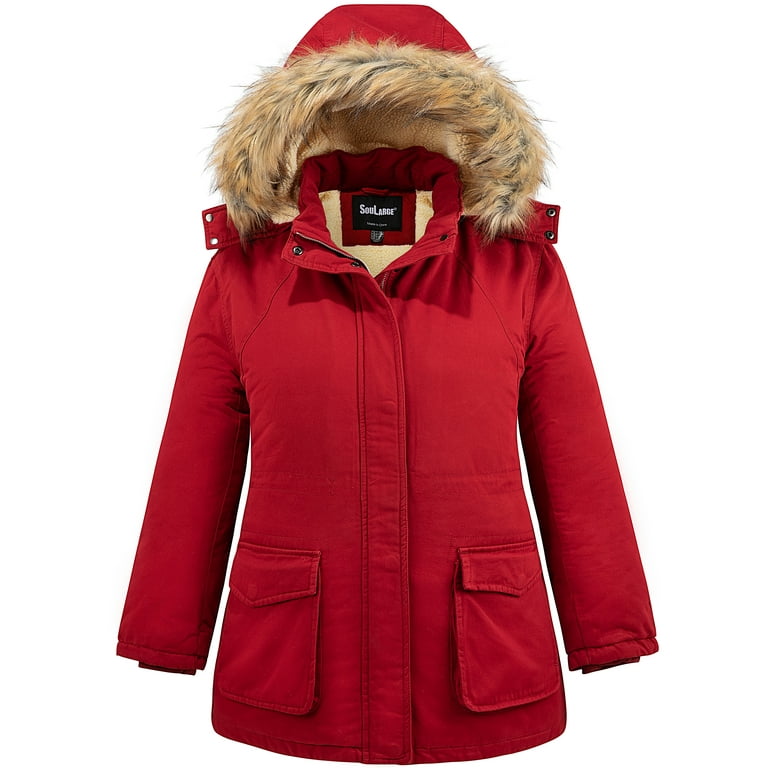 Soularge Women's Winter Plus Size Sherpa Lined Hooded Parka Jacket(Red, 3X)  