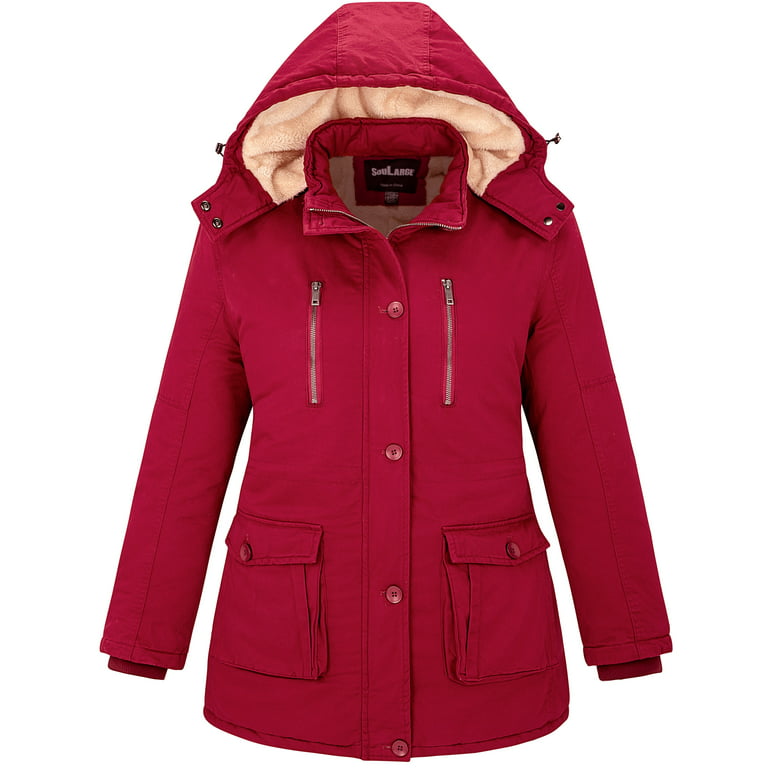 Soularge Women's Winter Plus Size Thickened Cotton Coat with Detachable  Hood(Red,6X) 
