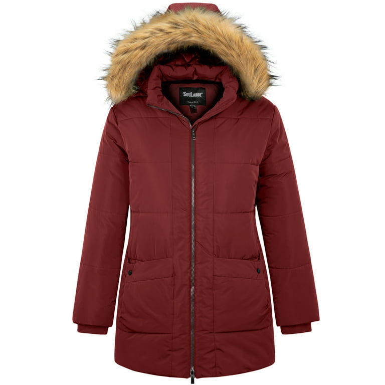 Soularge Women s Plus Size 3X Thick Winter Puffer Jacket with Faux Fur Hood Utility Coat Red Walmart