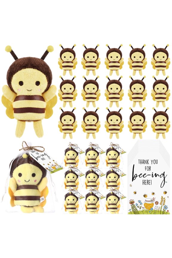 12 Set Bee Themed adult Shower Favors 12 Mini Bee Stuffed Animal Tiny Toys Bee Plush Keychains with Thank You Cards and Organza Bag Gender Reveal Party Gift adult Shower Decorations A101