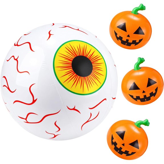 Soulchen 4 Pcs Summer Halloween Pool Decorations Funny Inflatable Floats 16" Include Giant Eyeball and Inflatable Pumpkin Decor for Pool Beach Halloween Decor Spooky Themed Party Supplies
