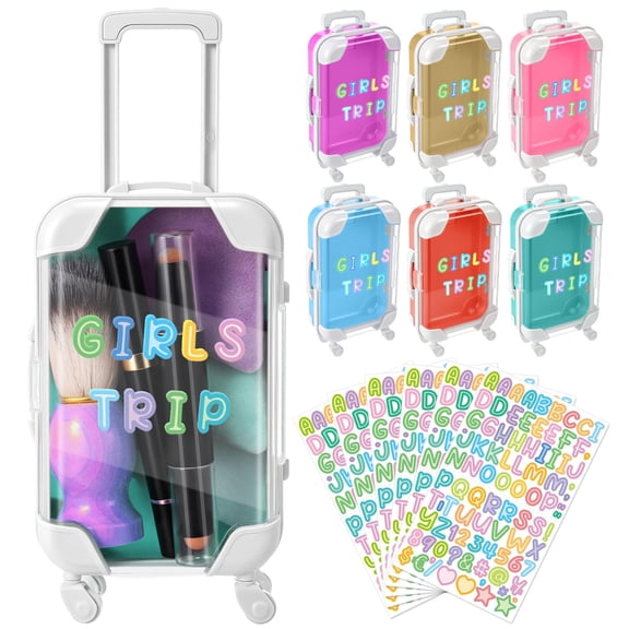 Soulchen 9Pcs Christmas Mini Suitcase Party Favor Mini Party Favor Gift Box with 90 DIY Stickers Plastic Trip Gift for Girls Weekend for Candy Makeup Jewelry Birthday Wedding Bachelorette A101