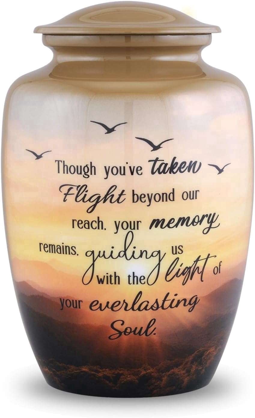 Soulful Flight Cremation Urn for Adult Ashes Sunset Memorial Urn with Birds Large Metal Funeral Urn for Human Ashes Holds Up to 210 Cu In 6.5x6.5x9.75 Inch