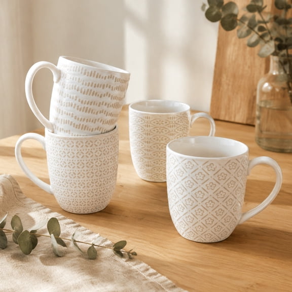 Soulgenix Coffee Mugs Set of 4, 14 Ounce Mug with Handles, Embossed Ceramic Coffee Cups for Coffee, Tea, Hot Cocoa, Milk, Microwave and Dishwasher Safe, Idea Gift for House Warming Gifts, Off White