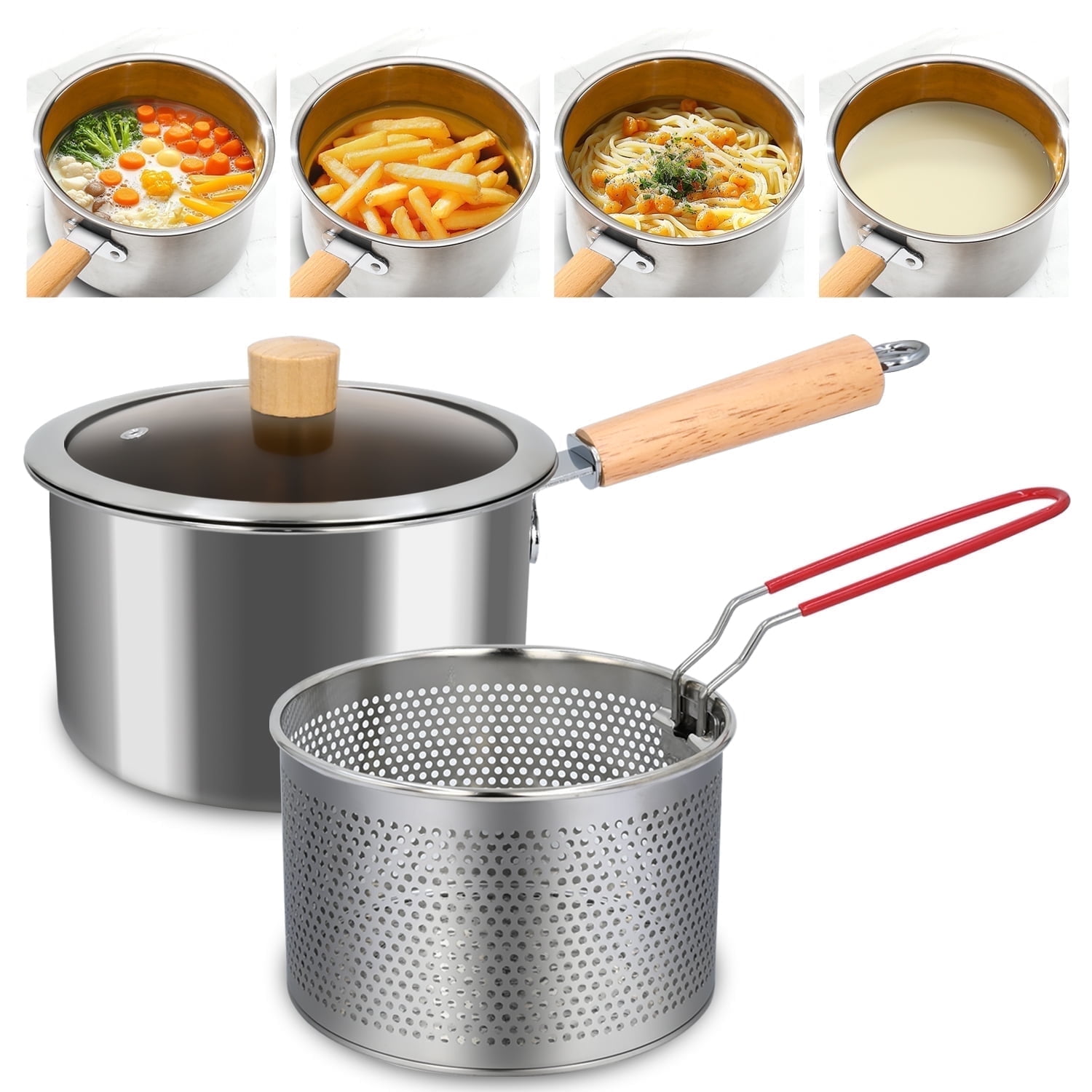 Soulgenix Deep Fryer Pot, 3QT Stainless Steel Fryer Pot with Basket, Multifunction Oil Strainer Pot with Wooden Handle