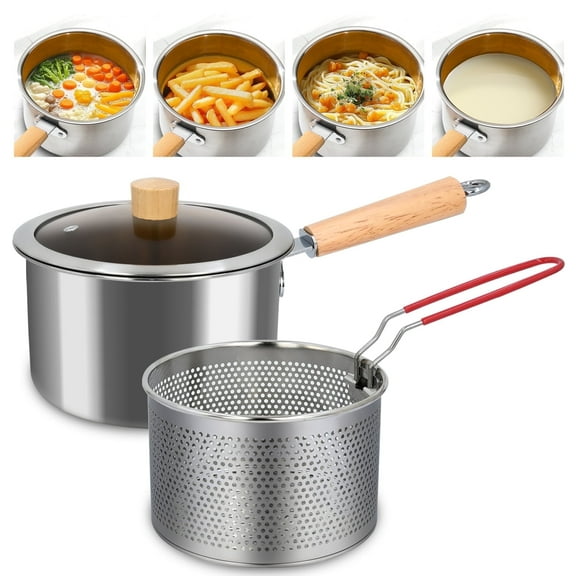 Soulgenix Deep Fryer Pot, 3QT Stainless Steel Fryer Pot with Basket, Multifunction Oil Strainer Pot with Wooden Handle