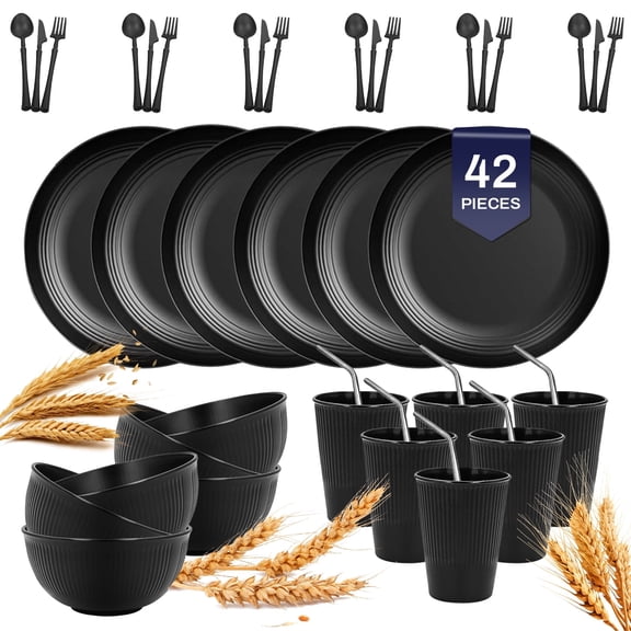 Soulgenix Dinnerware Sets, 42 Pcs Unbreakable Dinnerware Sets for 6, Microwave Dishwasher Safe, Black