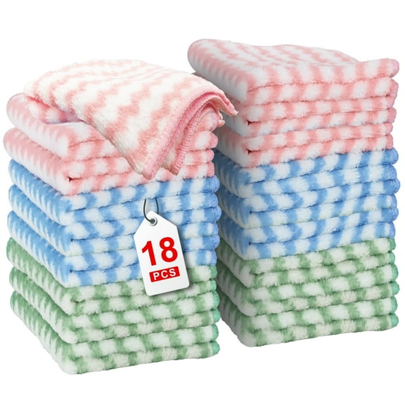 Soulgenix 18 Pack Kitchen Dishcloths, Soft Microfiber Cleaning Cloths, Super Absorbent Coral Fleece Dish Cloths with Wavy Pattern Design,  Multicolor