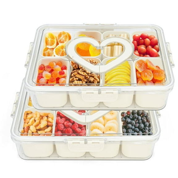 Soulgenix Divided Serving Tray, Snackle Box Containers with Lid and Handle, Portable 8-Compartments Snack Organizers for Party Holidays, Entertaining, Heart-Shaped, Clear, 2PCS