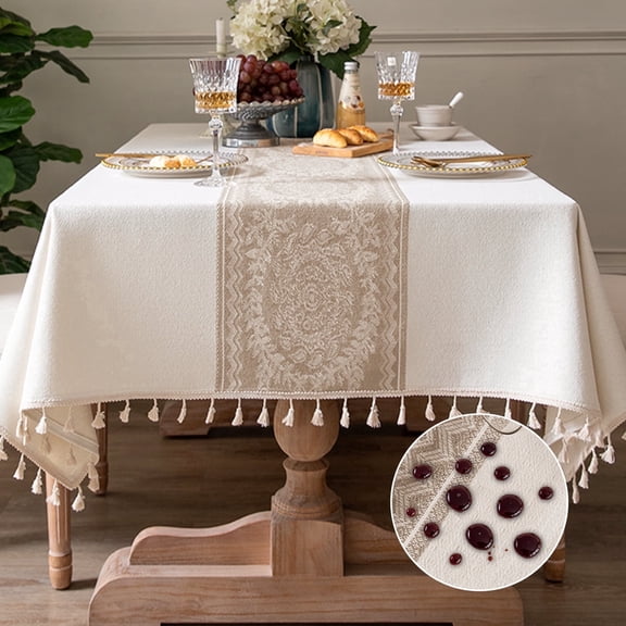 Soulgenix Rectangle Tablecloth, 55"×70"Waterproof Tablecloth with Tassels, Stain-Resistant Premium Fabric Table Cover, Wrinkle-Resistant & Machine Washable, Natural Beige for Dining Room/Parties
