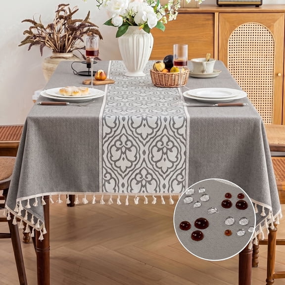 Soulgenix Rectangle Tablecloth, Waterproof Tablecloth with Tassels, Stain-Resistant Premium Fabric Table Cover 55"×70", Wrinkle-Resistant & Machine, Washable, Natural Beige for Dining Room/Parties