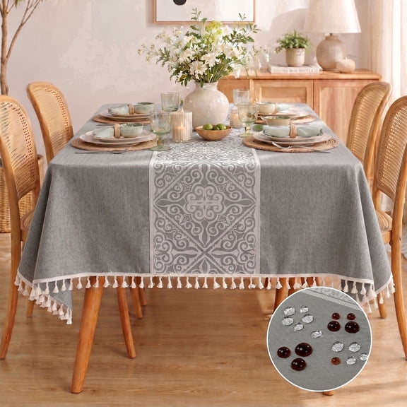 Soulgenix Rectangle Tablecloth, Waterproof Tablecloth with Tassels, Stain-Resistant Premium Fabric Table Cover 55"×86", Wrinkle-Resistant & Machine Washable, Natural Beige for Dining Room/Parties