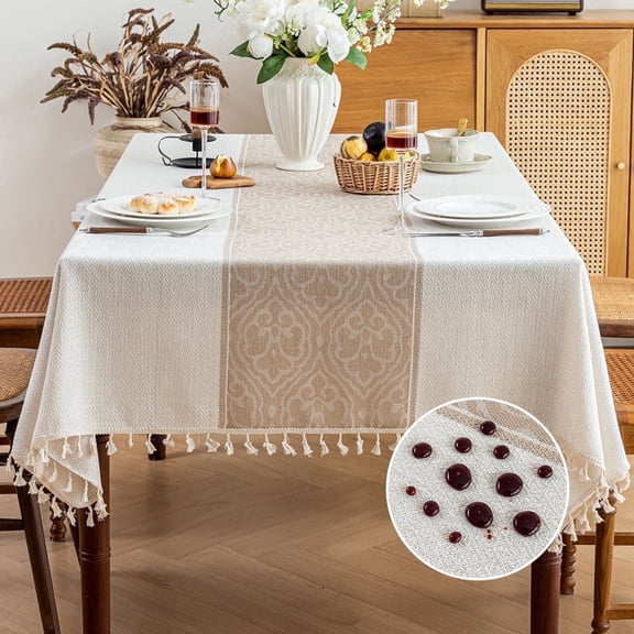 Soulgenix Rectangle Tablecloth, Waterproof Tablecloth with Tassels, Stain-Resistant Premium Fabric Table Cover (55"×70" / 55"×86"), Wrinkle-Resistant & Machine Washable, Natural Beige for Dining Room