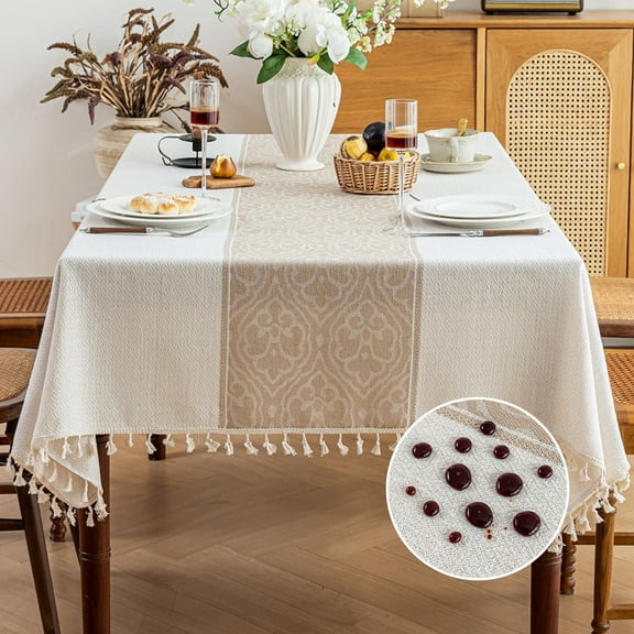 Soulgenix Rectangle Tablecloth, Waterproof Tablecloth with Tassels, Stain-Resistant Premium Fabric Table Cover (55"×70" / 55"×86"), Wrinkle-Resistant & Machine Washable, Natural Beige for Dining Room