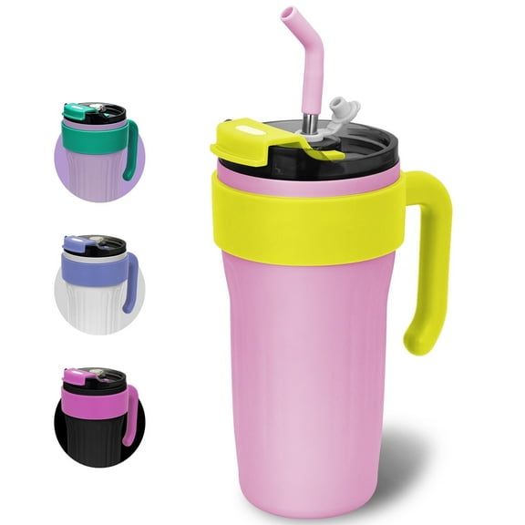 Soulgenix Stain Steel Water Bottle, 2-in-1 Tumbler Travel Mug with Handle and Straw, Leak Resistant, Pink