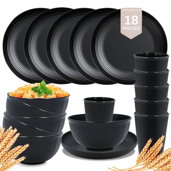 Soulgenix Wheat Straw Dinnerware Sets 18 Pcs, Dinnerware Sets for 6, Unbreakable Microwave Safe, Black