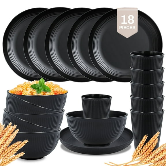 Soulgenix Wheat Straw Dinnerware Sets 18 Pcs, Dinnerware Sets for 6, Unbreakable Microwave Safe, Black