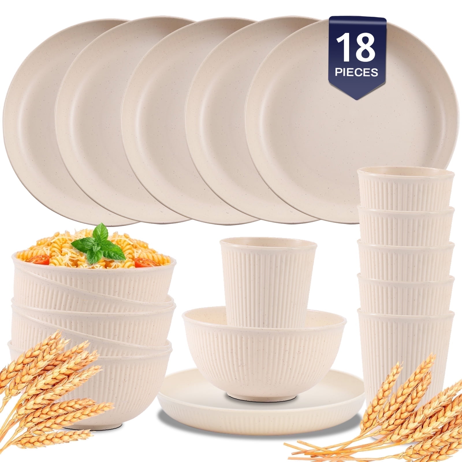 Soulgenix Wheat Straw Dinnerware Sets 18 Pcs, Dinnerware Sets for 6 , Unbreakable Microwave Safe, Beige - Walmart.com