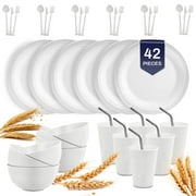 Soulgenix Wheat Straw Dinnerware Sets 42 Pcs, Dinnerware Sets for 6 , Unbreakable Microwave Safe, White