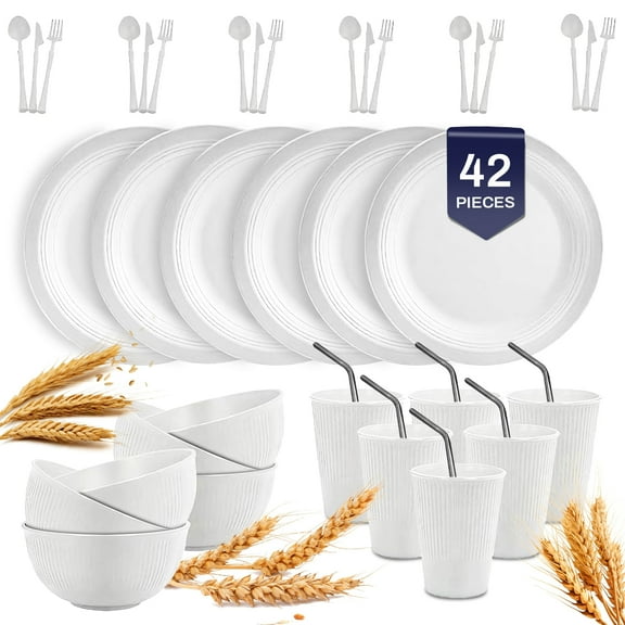 Soulgenix Wheat Straw Dinnerware Sets 42 Pcs, Dinnerware Sets for 6 , Unbreakable Microwave Safe, White