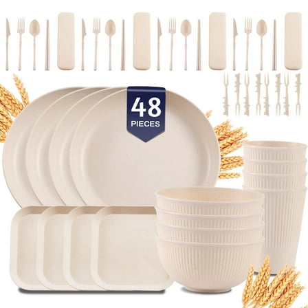 Soulgenix Wheat Straw Dinnerware Sets, 48 Pcs Unbreakable Dinnerware Sets for 4, Microwave Dishwasher Safe, Beige