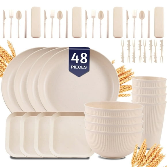 Soulgenix Wheat Straw Dinnerware Sets, 48 Pcs Unbreakable Dinnerware Sets for 4, Microwave Dishwasher Safe, Beige