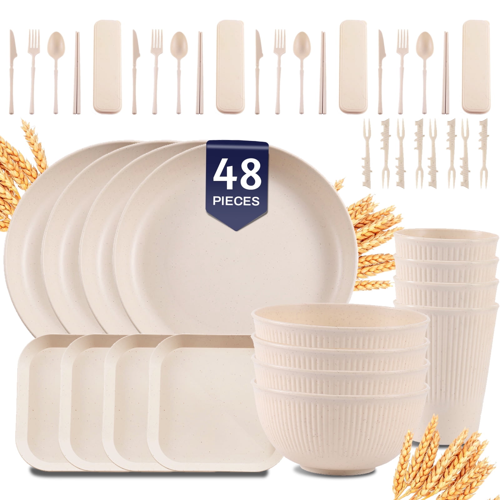 Soulgenix Wheat Straw Dinnerware Sets, 48 Pcs Unbreakable Dinnerware Sets for 4, Microwave Dishwasher Safe, Beige - Walmart.com