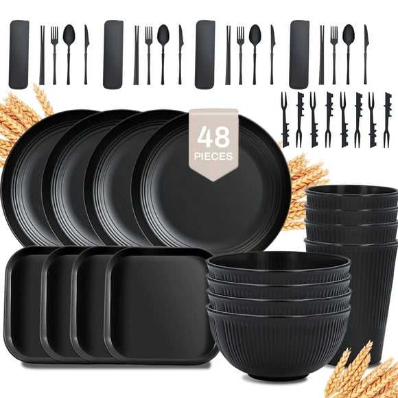 Soulgenix Wheat Straw Dinnerware Sets, 48 Pcs Unbreakable Dinnerware Sets for 4, Microwave Dishwasher Safe, Black