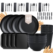 Soulgenix Wheat Straw Dinnerware Sets, 48 Pcs Unbreakable Dinnerware Sets for 4, Microwave Dishwasher Safe, Black