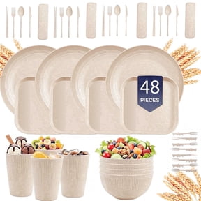 Soulgenix Wheat Straw Dinnerware Set, 48 Piece Plastic Plates and Bowls Sets for Microwave & Dishwasher Safe, Unbreakable Reusable Dish Set for Home, Dorm, Picnic, Beige