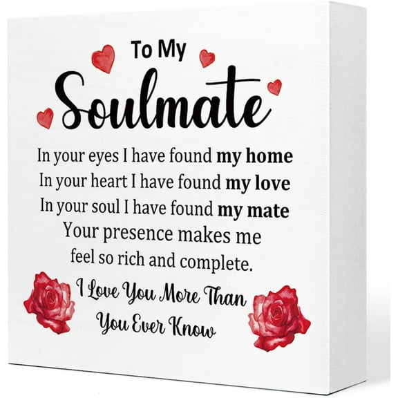 To My Soulmate Floral Wooden Sign Desk Decor,Inspirational Love Saying Wood Block Sign Desk Decorations For Home Bedroom Shelf Table Decor,Wedding Gifts For Couples Her Husband Wife 5x5 Inch