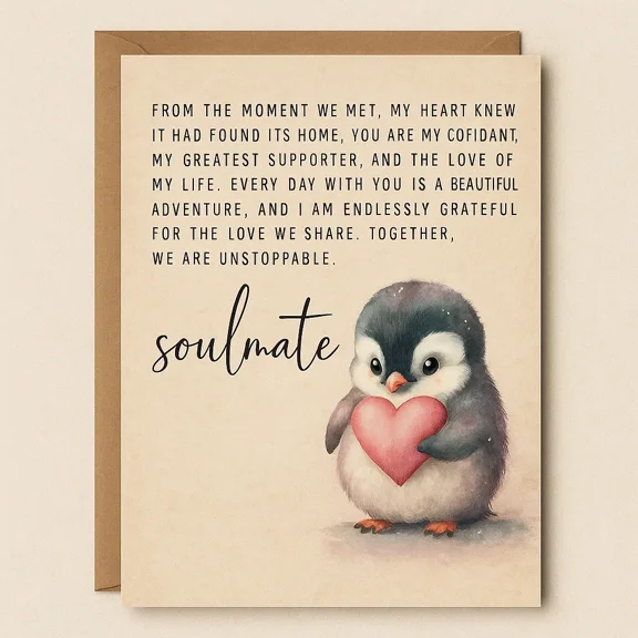 Soulmate Love Card Adorable Penguin Design with Heart Heartfelt Message for Partner, Wife, or Girlfriend Perfect for Anniversaries, Birthdays, or Just Because