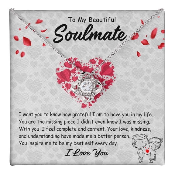To My Soulmate Necklace - Romantic Wife, Girlfriendfuture Wife - Birthday, Jewelry With Message Card And Box - Couples Pendant Necklace Missing Piece #1421, White Love Knot Necklace