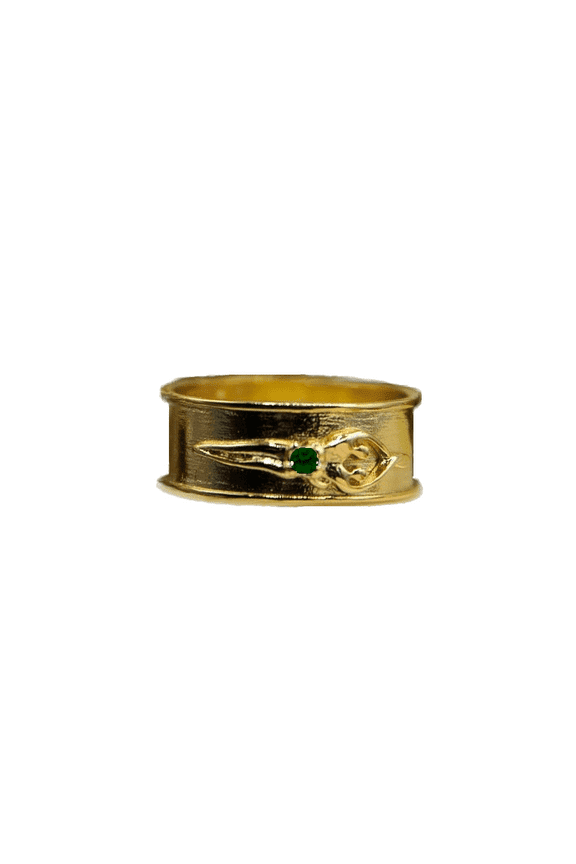 925 Sterling Silver Unisex Soulmate Ring, Gift for Him, Gold Overlay, Emerald Cubic Zirconia Stone, Size 11