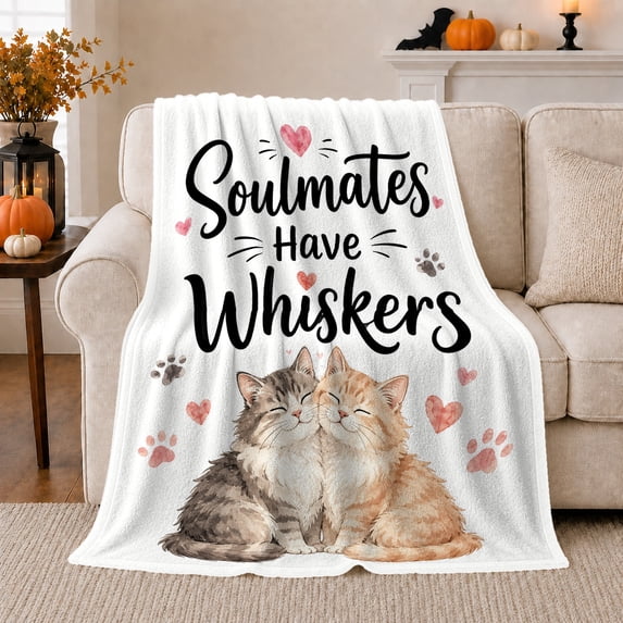 Soulmates Have Whiskers Romantic Cat Pair Watercolor, Cozy Pet Portrait Pattern, Warm Flannel Blanket for Living Room and Bedroom, Cat Lovers Valentine's Day Gift, Pet Lover Home Decor
