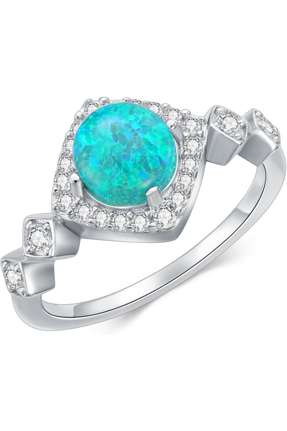 925 Silver Green Round Opal Ring with Zircon Square Surround Statement Ring Cat's Eye Jewelry for Women (Ring Size 5-9)