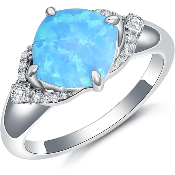 Soulmeet 925 Sterling Silver Cushion-Cut Opal Ring with Zircon Blue Opal Statement-rings Jewelry Gifts for Women Her(Ring Size 5-9)