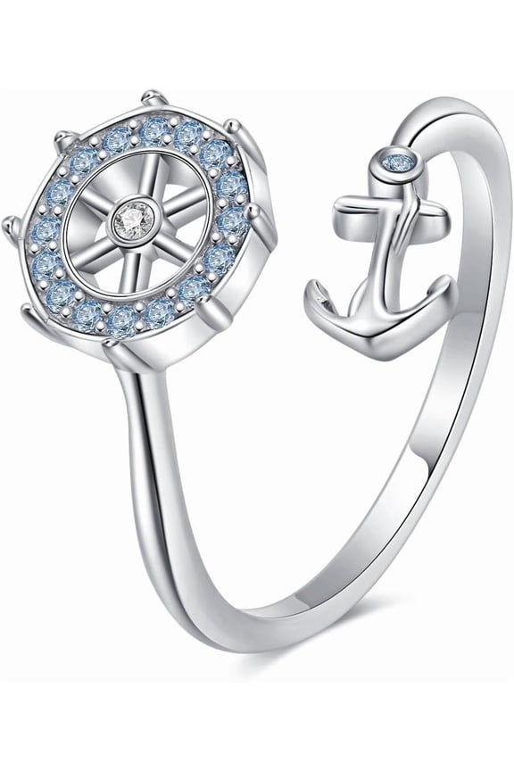 925 Sterling Silver Nautical Anchor Ring for Women Adjustable White Sapphire Open Ring with Blue Gemstone Ring Ocean Sea Minimalist Theme Jewelry
